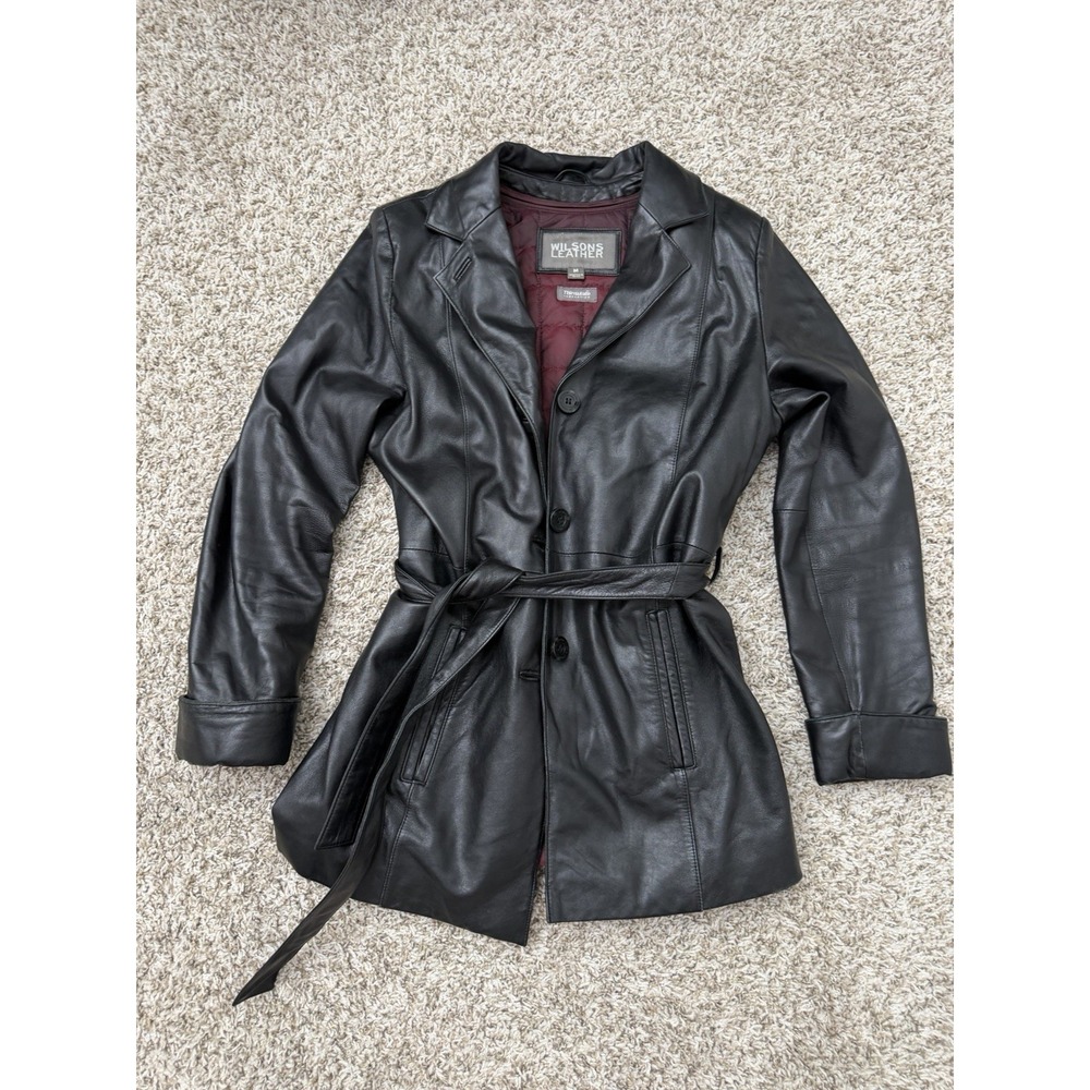 VTG Wilsons Leather Jacket Women's M Black Trench Coat Thinsulate Lined Belt 90s